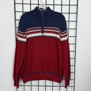 Izod Fair Isle 1/4 Zip Sweater Mens Medium‎ Red Winter Ski Alpine Nordic READ